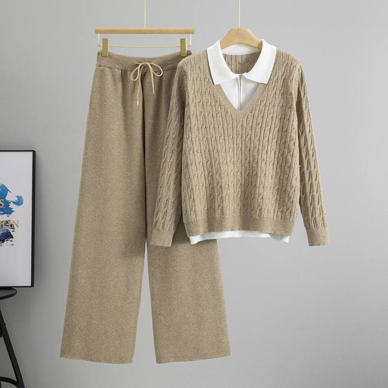 Cross-border Thickened Twist Sweater suit Women's Fall/Winter Polo Collar Fake Two-piece Knitted Sweater with Wide-leg Pants Two-piece Set Cross-border Thickened Twist Sweater suit Women's Fall/Winter Polo Collar Fake Two-piece Knitted Sweater with Wide-leg Pants Two-piece Set
