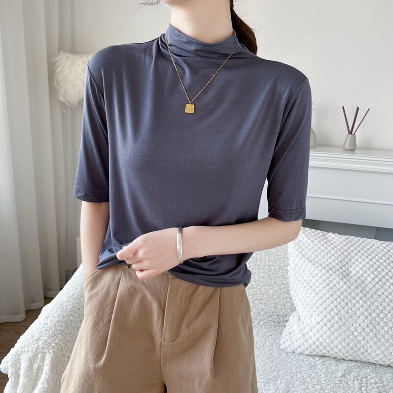 2022 Spring and Summer New Slim-fit T-shirt Women's Bit Cotton Semi-high Collar Solid Color Sleeve Top with High Collar Base Shirt