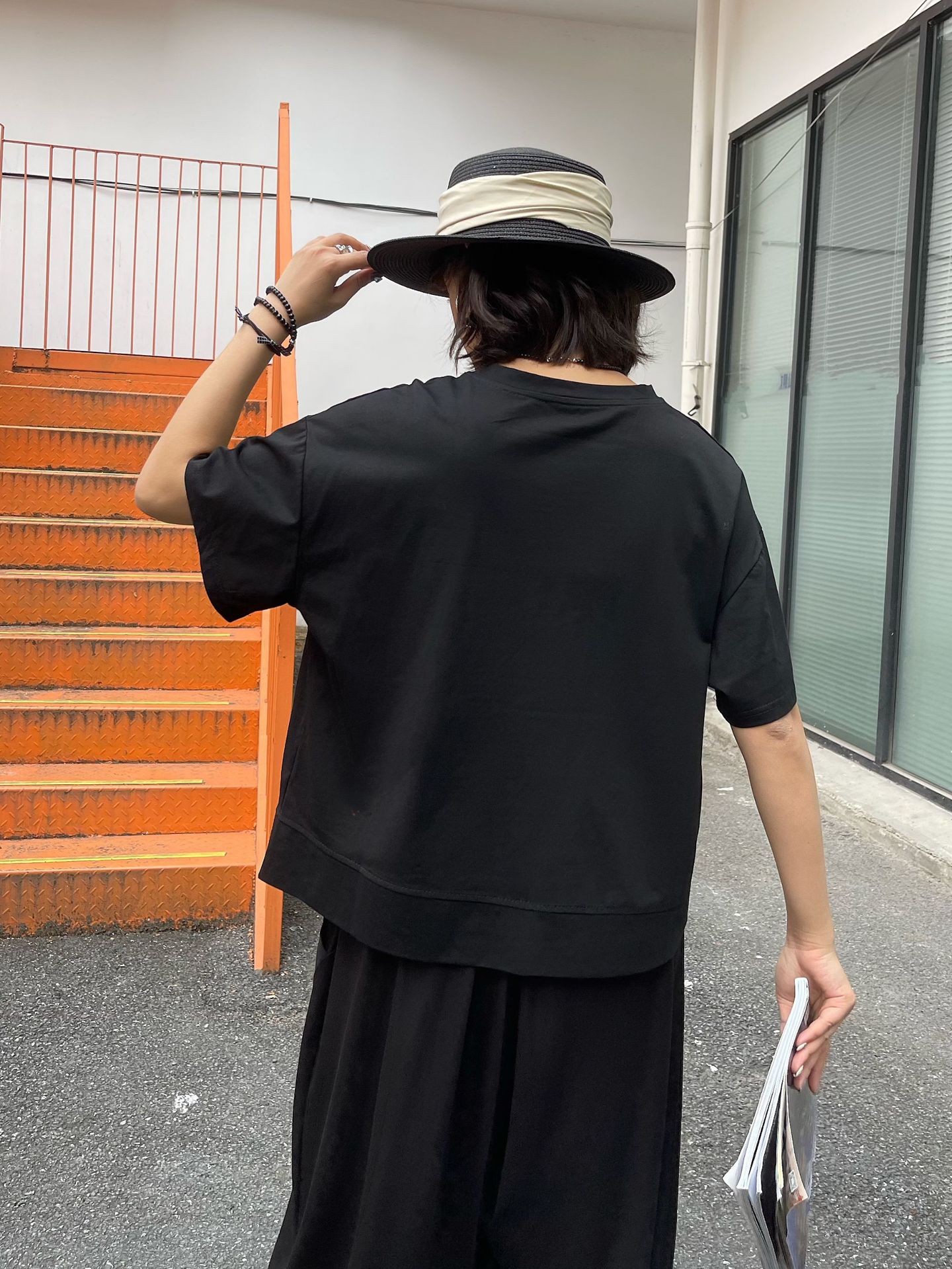 250373暗黑系山本风潮女装夏季新款不规则口袋拉链圆领短袖T恤潮 pic 5