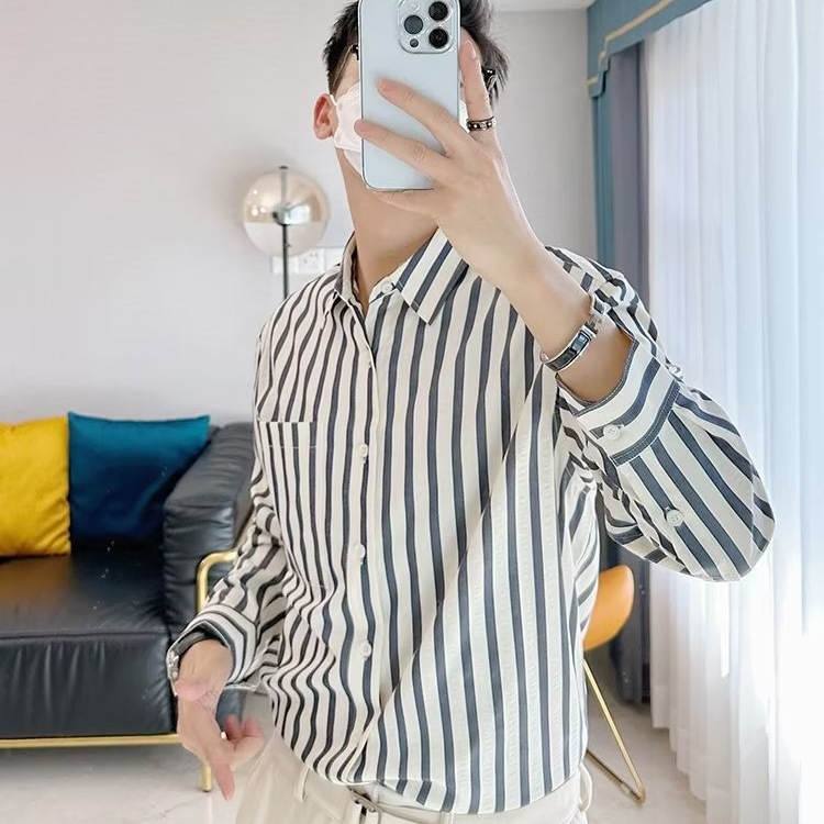 Camisa de manga larga a rayas verticales casual de negocios para hombres Camisa de primavera y otoño para hombres Camisa delgada de lujo ligero de tendencia