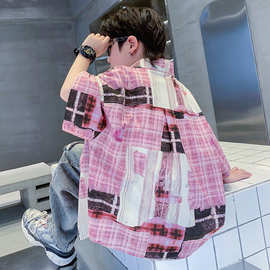 儿童装男童夏装短袖衬衫外套夏季薄2025新款中大童夏款花格子衬衣