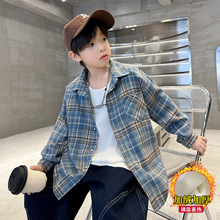 男童复古撞色格纹长袖衬衫秋冬季2025新款大童休闲高街衬衣外套男