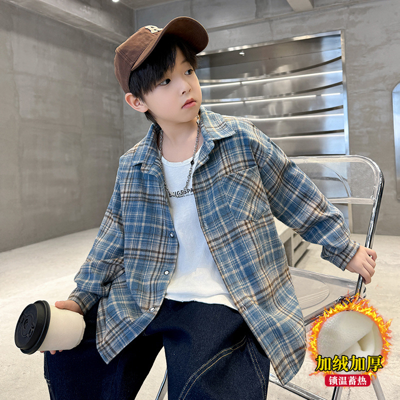 男童复古撞色格纹长袖衬衫秋冬季2025新款大童休闲高街衬衣外套男
