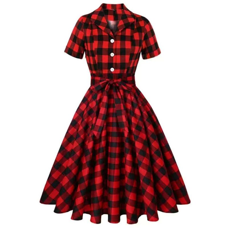 European and American Hepburn-Style Vintage Hong Kong-Inspired Retro Large-Size Women's Short-Sleeve Red Plaid Print Slimming Flared Dress