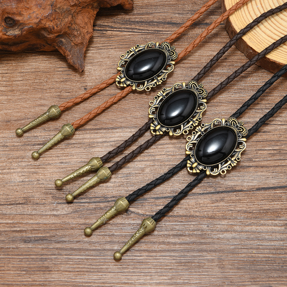 复古西部风编织皮绳波洛领带男女通用合金吊坠领结时尚百搭配饰