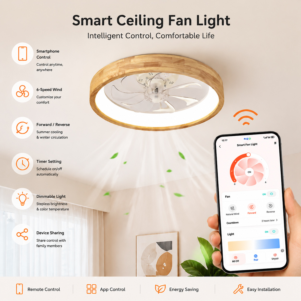 Lámpara Ventilador de Techo de Madera con Control Remoto para Dormitorio y Estudio
