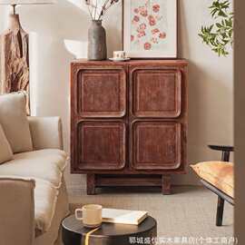 侘寂风老榆木餐边柜家用客厅边柜卧室中古风实木置物柜玄关柜