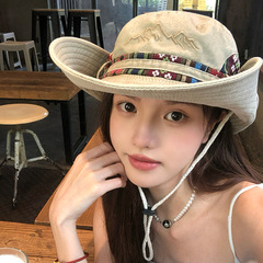 西部旅行カウボーイ帽女性夏の屋外の大きなつば漁師帽は顔の小さな日焼け止め帽の日よけ登山帽子を見せている