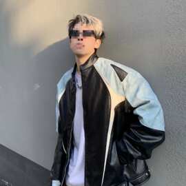 跨境秋冬美式复古撞色拼接潮牌皮衣外套男宽松休闲机车服夹克情侣