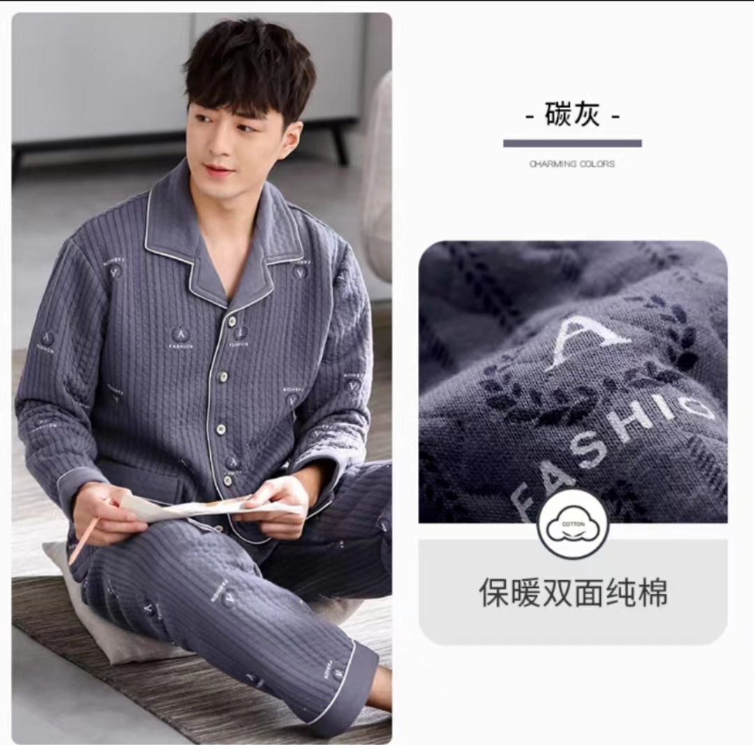 Pajamas gruesas para hombres otoño y invierno de manga larga algodón intercalado conjunto de calor para hombres jóvenes y de mediana edad ropa de hogar suelta