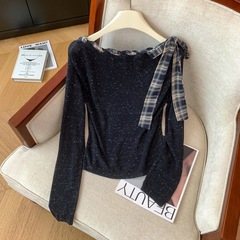 实拍秋季新品复古格纹飘带针织上衣女不规则混色彩点气质外穿长袖