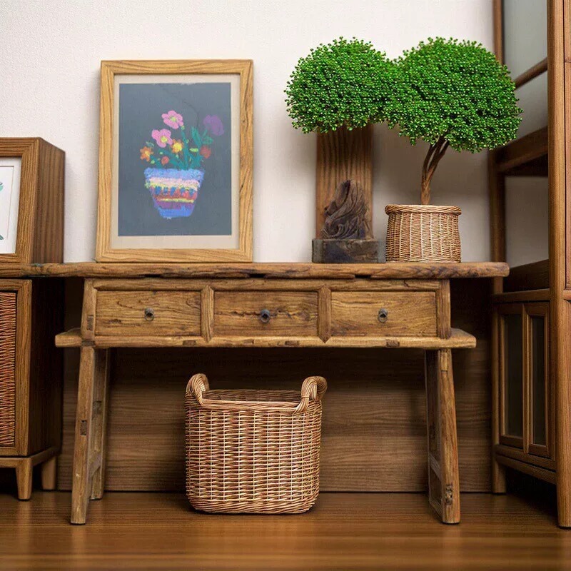 Old Elm New Chinese Style Entrance Cabinet with Weathered Storage, Zen-Style Buddhist Altar, High-Legged Offering Table, Solid Wood Retro Entrance