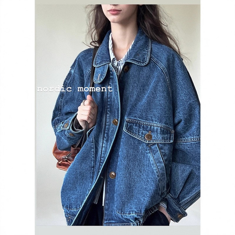Scandinavian Medieval Style/Washed Denim Texture Flip-Up Collar Contrasting Silhouette Bomber Jacket for Women Scandinavian Medieval Style/Washed Denim Texture Flip-Up Collar Contrasting Silhouette Bomber Jacket for Women