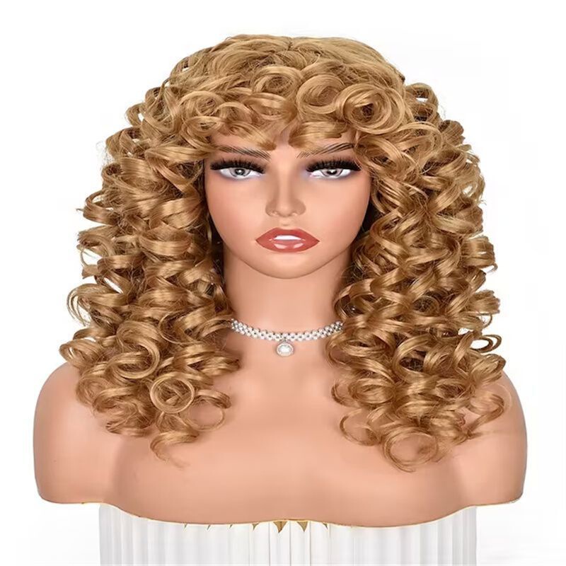 European and American Style Women's Brown Curly Wig with Bangs, Synthetic High-Temperature Fiber Wig Wholesale European and American Style Women's Brown Curly Wig with Bangs, Synthetic High-Temperature Fiber Wig Wholesale