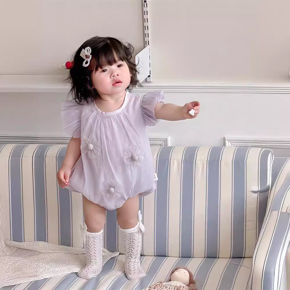 Corea ins bebé bebé niña ropa para niños encaje mangas voladoras verano sección delgada gasa dulce flor sección delgada mamelucos