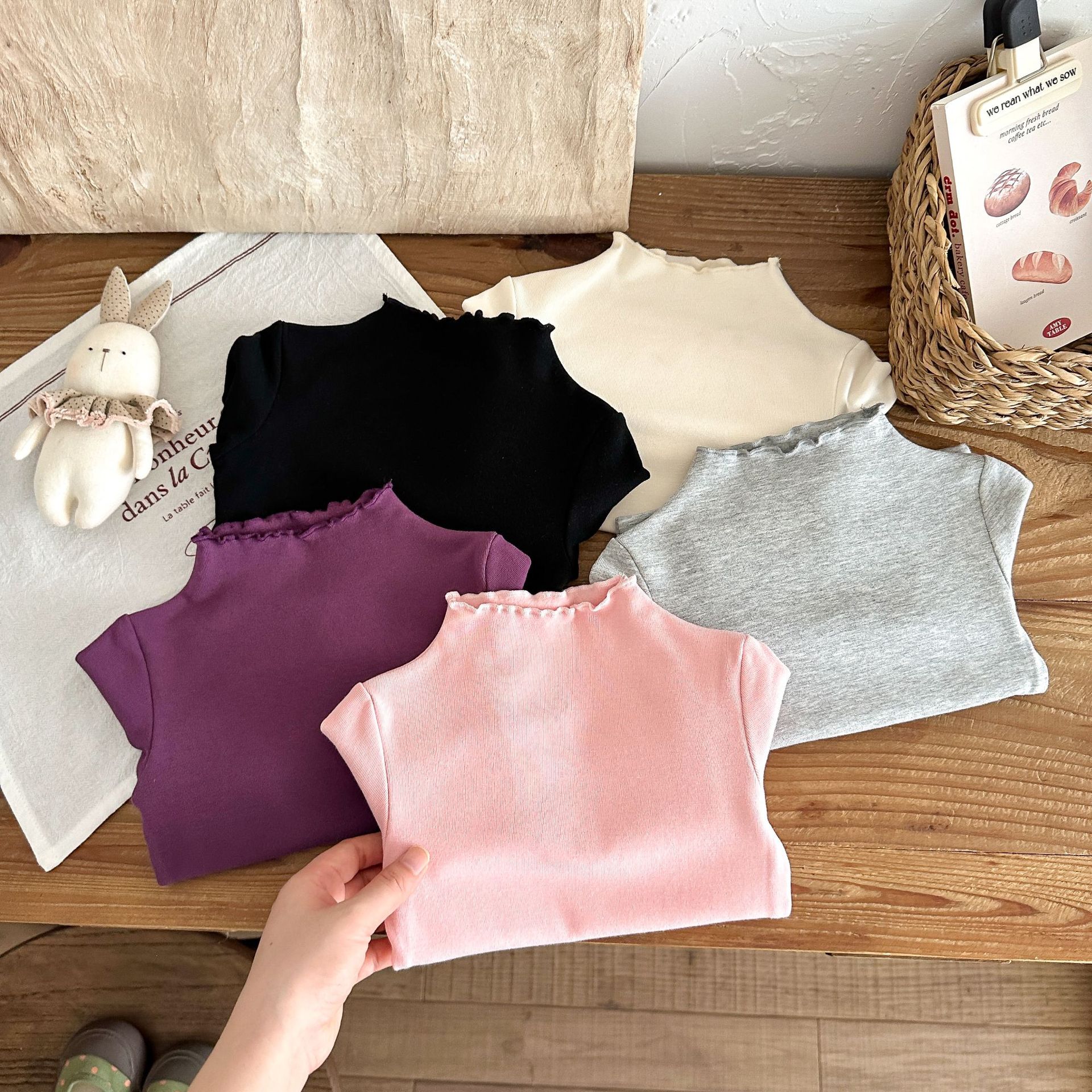 2026 Girls' Autumn Long-Sleeved T-Shirt with Ruffled Trim, Korean Style, Girls' Inner Layer Top, High-Neck Base Layer