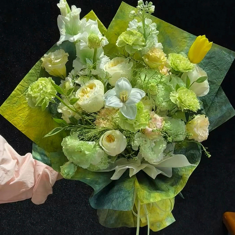 Nuevo estilo de tinta amarillo amor verde papel de embalaje de flores papel de embalaje de alta calidad papel kraft degradado flores materiales de embalaje