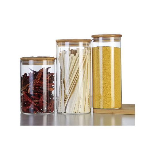 Kitchen sealed storage glass jar, transparent round bamboo lid, grain tea packaging jar, food tangerine peel storage jar