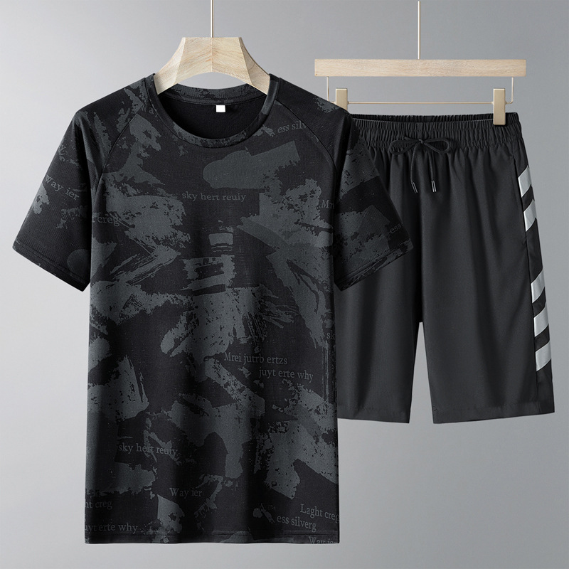 Transfronterizos de verano manga corta traje casual hombre suelto hielo traje de correr pantalones cortos secos rápidos traje deportivo hombre grande