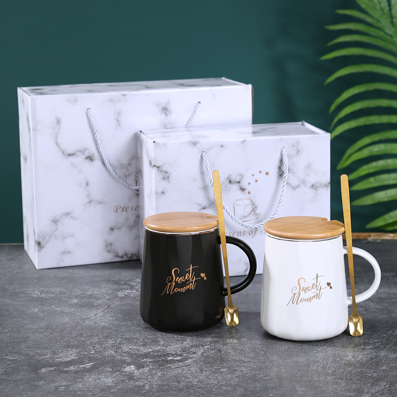 Black and White Couple Cup Gift Ceramic Mug Striped with Bamboo Lid and Spoon Water Cup Supports Printing LOGO