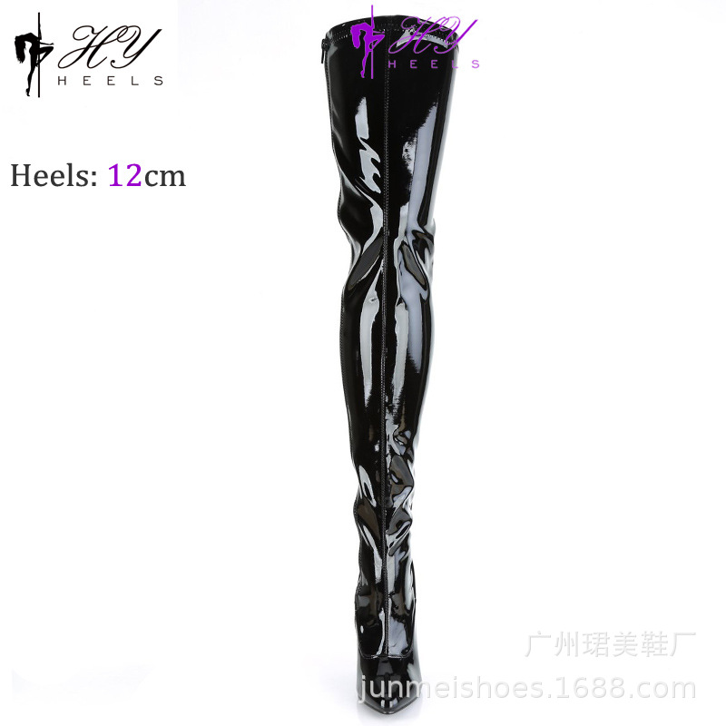 Bốt da sơn mài dây chéo cổ siêu cao quá gối, gót nhỏ 12 cm, buộc dây xà cạp — Màu đen, Màu hồng, Màu đỏ hoa hồng, Màu trắng