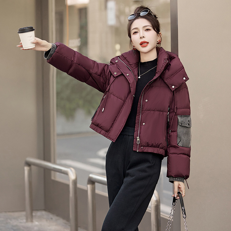 짧은 빵 다운 재킷 여자 겨울 한국 스타일 데님 바느질 두꺼운 흰색 오리 재킷 WN6065-1