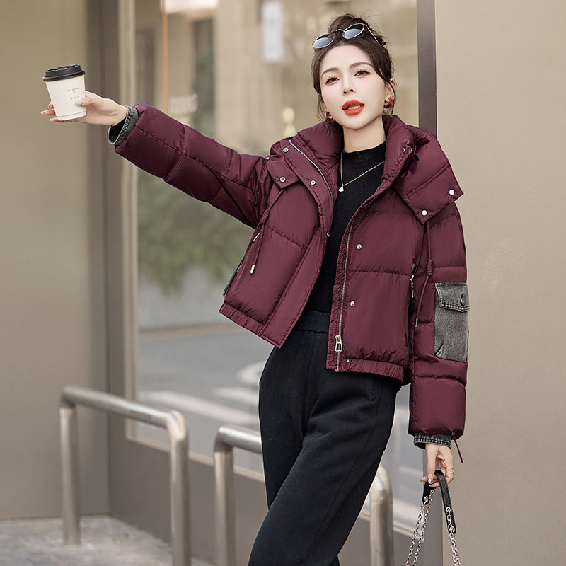 Short Bread Down Jacket Women's Winter Korean Style Denim Stitching Thickened White Duck Down Jacket WN6065-1