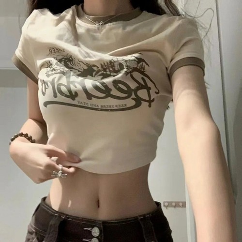 American retro short-style cool girl slim-fit off-shoulder short-sleeved women's summer trendy T-shirt