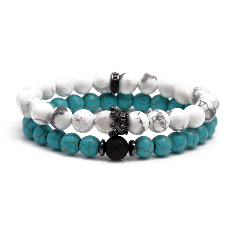Pulsera de cuentas de piedra volcánica europea y americana transfronteriza azul turquesa corona traje pareja pulsera hombres y mujeres pulsera