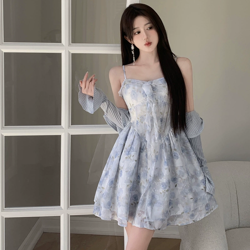 Комплект кардиган и платье для женщин, plus-size, цветочный сарафан с фатиновой юбкой, французский стиль, синий