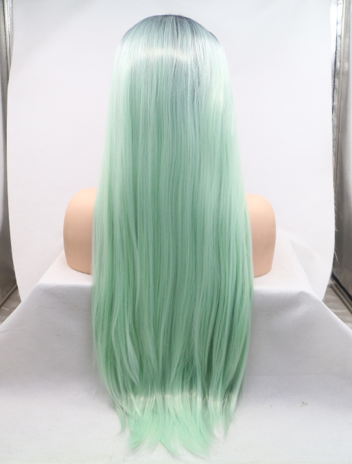 Amazon AliExpress verde pálido largo recto cos pelucas frente encaje cubierta de cabeza LW0328