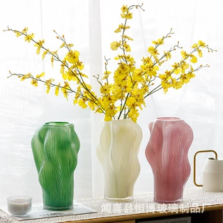 现代简约异形波纹绿色手工琉璃花瓶家居软装台面客厅餐厅花艺装饰