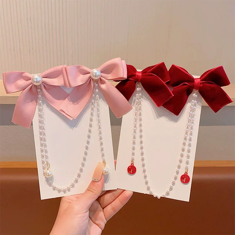 Children's hairgrip, pendant with bow with tassels, red hair accessory, Chinese style