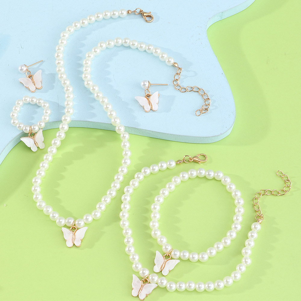 Childrenu0027s Jewelry Korean Simple Style Butterfly Pearl Necklace Ring Bracelet Earring Set