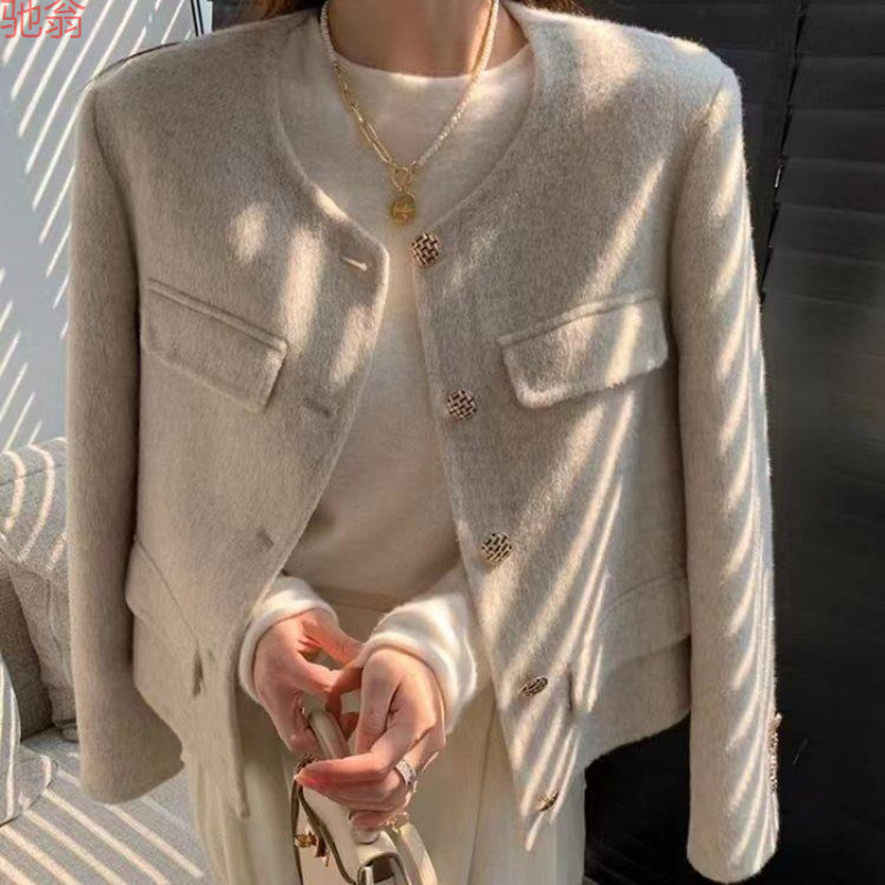 Y9Z Autumn and Winter Coat Short Crewneck Small Style Commuter Wool Coat Women's Grey Fashion Warm