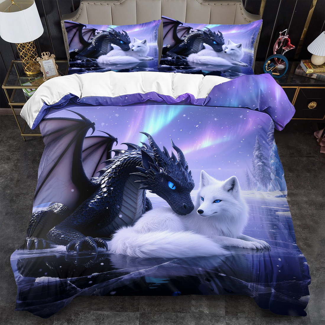 TEMU / JIT transfronterizo explosión molienda impresión digital kit de edredón textil en blanco y negro dibujo de dragón en forma de corazón se puede fijar