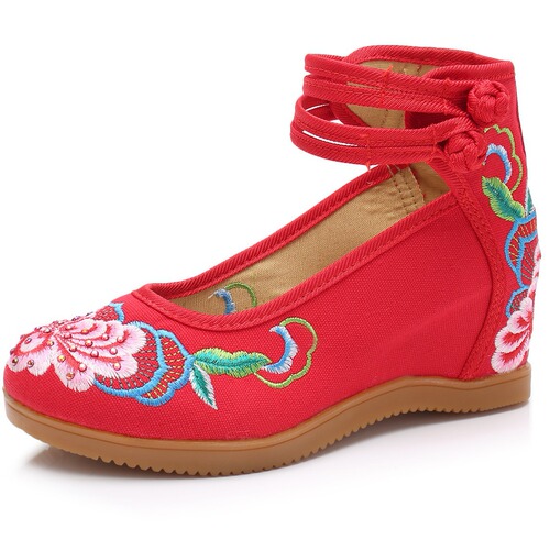 Hibiscus flower, Xinyue Yueqin, Phoenix tail peony, ethnic style double-button canvas inner height increasing women's shoes, bridal high heels