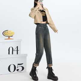 高腰水泥灰哈伦牛仔裤女2024新款宽松显瘦显高小个子萝卜老爹裤潮