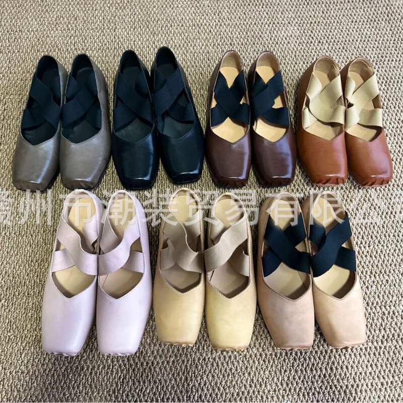 Washed Horse Leather Umw Pig Nose Retro Cross-Strap Chunky Heel Ballet Flats Mary Jane Women's Shoes