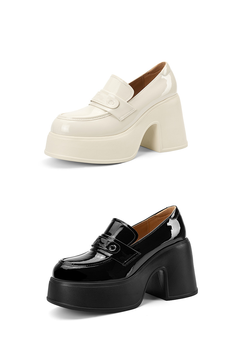 Giày loafer nữ gót vuông cao 10 cm da thật cổ sâu phong cách JK — màu đen, màu trắng ngà chi tiết 14