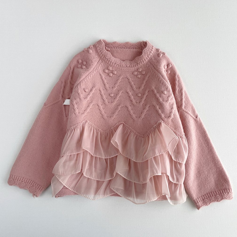 Girl Princess Lace Splicing 2024 Autumn New Style Knitted Sweater for Children's Hooded Top_voghion.com