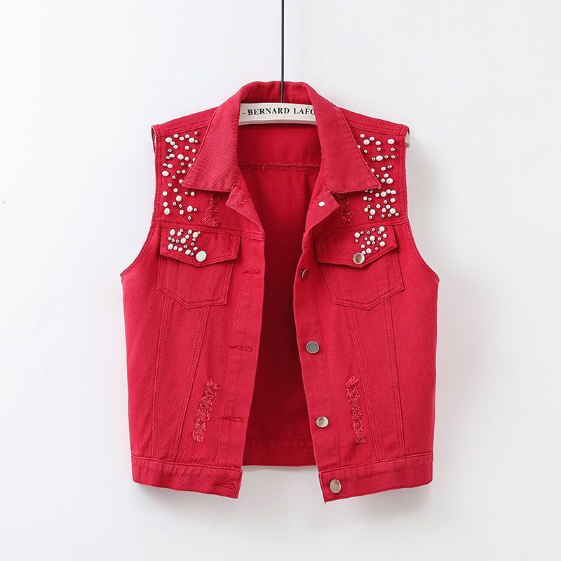 Colorful Denim Vest Women's Spring and Summer New Washed Ripped Beaded Sleeveless Jacket Slim-fit All-match Waistcoat Trendy Top