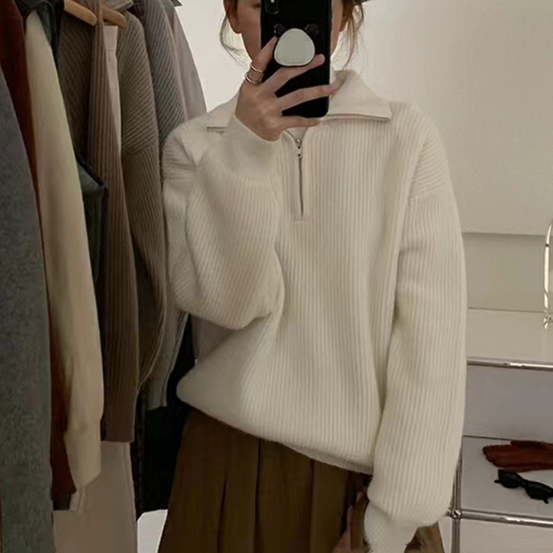 French Retro Half Zip Sweater Top Autumn and Winter New Outer Wear Lapel Design Sense Loose Pullover Sweater for Women