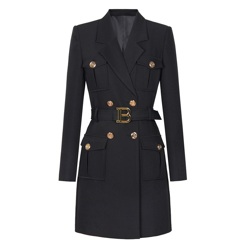 23206 In-Stock Spring and Autumn New Fashion Double-Breasted Belt Waist-Cinching Slim-Fit Long-Sleeve Women's Blazer Dress Coat