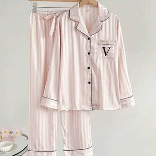 夏季翻领睡衣新款粉色休闲V字刺绣家居服长袖长裤两件套外穿定制