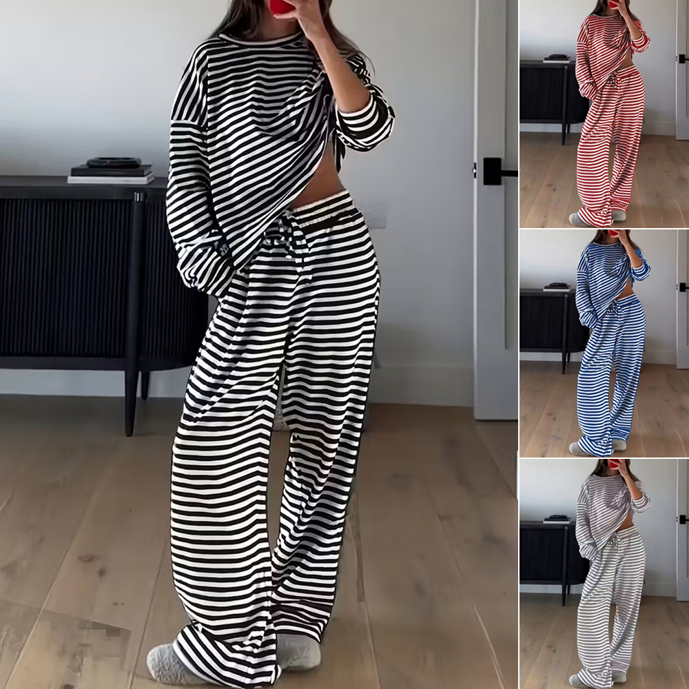 Women's Clothing Popular Striped Long-sleeved Top High-waisted Trousers Women's Fashion Casual Suit_ecoleips.com