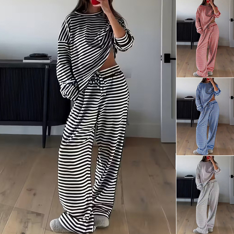 Amazon European and American Women's Fashion Hot-Selling 2026 Spring Striped Casual Set Long-Sleeve Top High-Waisted Long Pants Two-Piece Set
