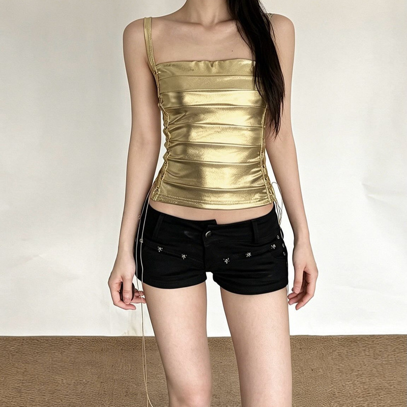 Y2K Party Style Shiny Metallic Camisole, Pleated Slim Fit Sexy Short Top in a Hot Girl Style Y2K Party Style Shiny Metallic Camisole, Pleated Slim Fit Sexy Short Top in a Hot Girl Style