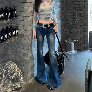 美式复古水洗深蓝色牛仔裤子女春秋新款y2k千禧风辣妹显瘦喇叭裤-阿里巴巴
