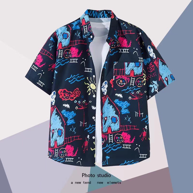 Summer Beach floral hombres y mujeres camisa delgada ins moda hawaiana transfronteriza suelta tie-dyed manga corta pareja camisa